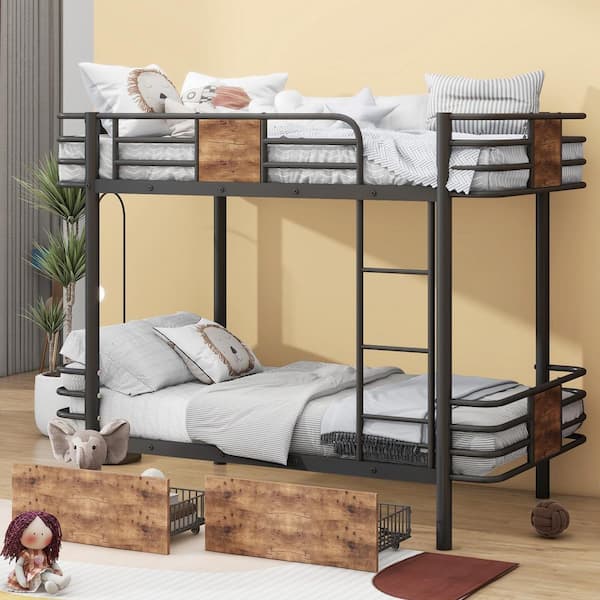 Harper & Bright Designs Black Twin XL over Twin XL Metal Bunk Bed with Two Storage Drawers