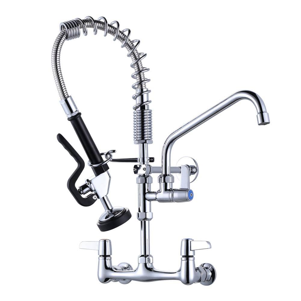 Solid Brass 21 in. H Commercial Triple-Handle Pull Down Sprayer Kitchen Faucet with Pre-Rinse Sprayer in Chrome