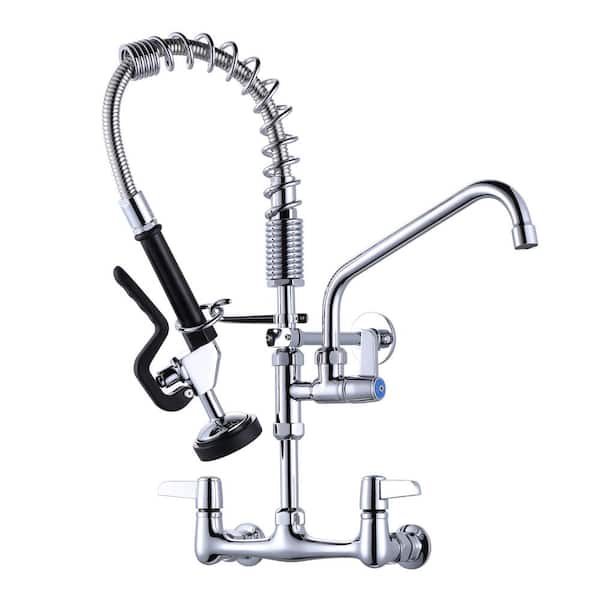 WOWOW Solid Brass 21 in. H Commercial Triple-Handle Pull Down Sprayer Kitchen Faucet with Pre-Rinse Sprayer in Chrome