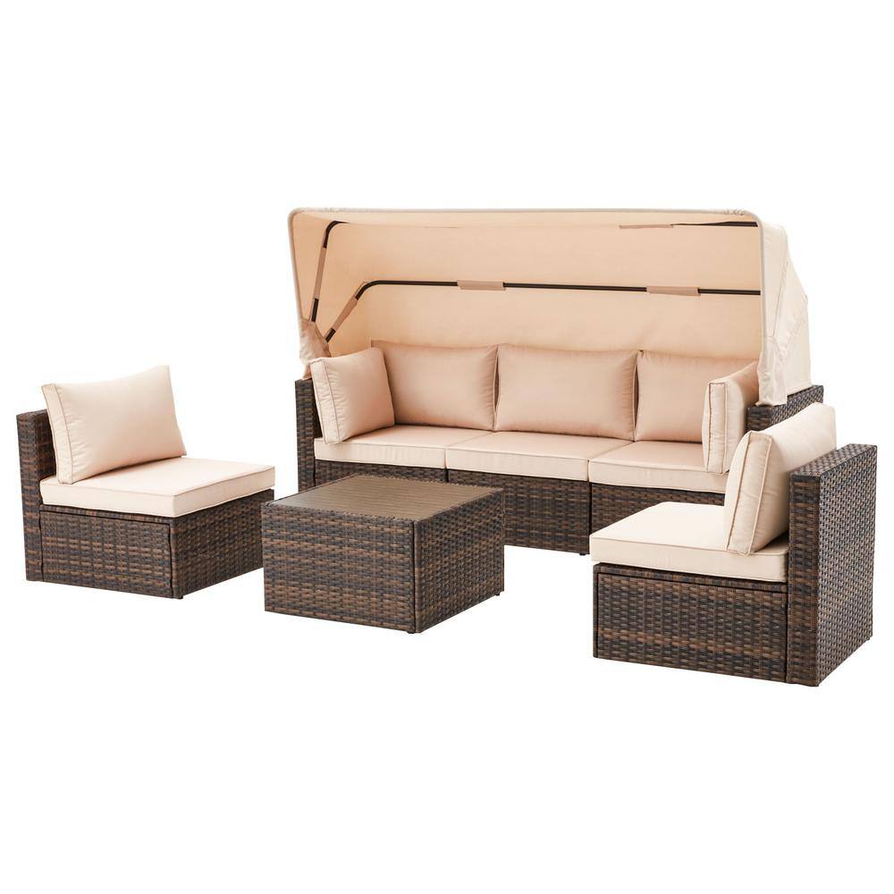 6-Pieces Wicker Outdoor Patio Conversation Couch Set Adjustable Canopy and Backrest, with Khaki Cushions for Outside