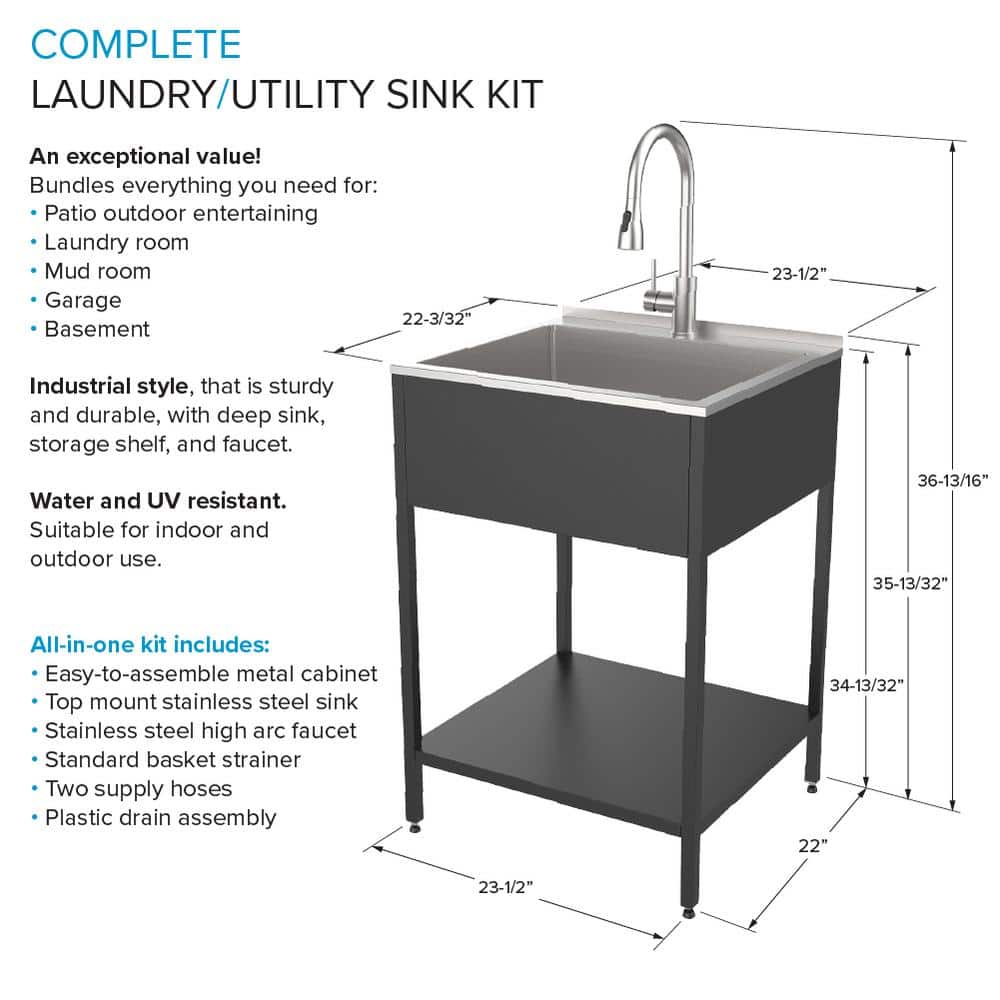 24'' Matte Black Stainless Steel Freestanding Laundry Sink with Faucet