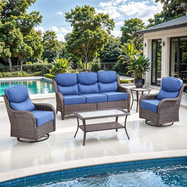 JHXL Brwon 5-Piece Wicker Outdoor Patio Conversation Set with Denim Blue Cushions and Swivel Rocking Chairs