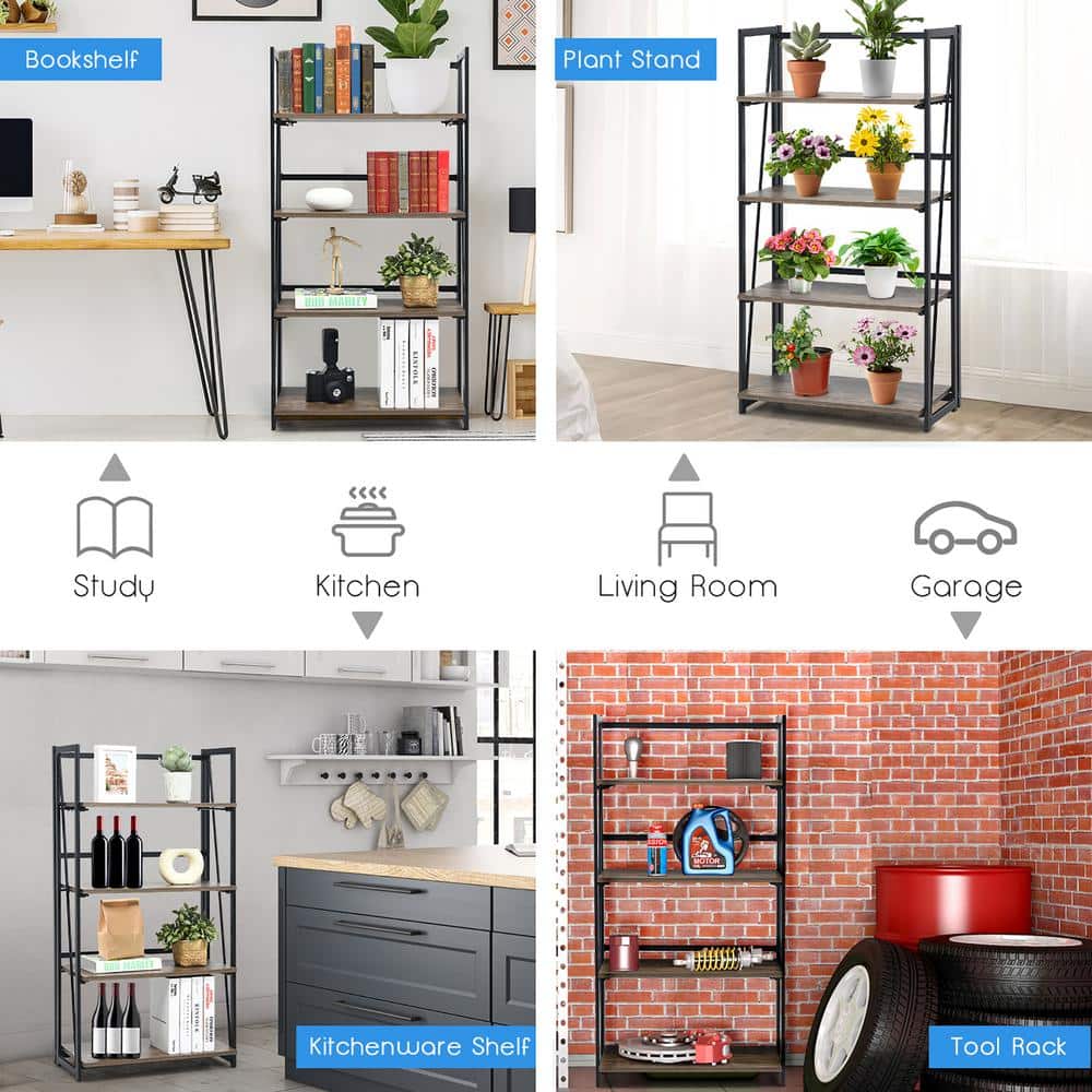 Brown Wire 4-Tier Folding Bookshelf with Industrial Design