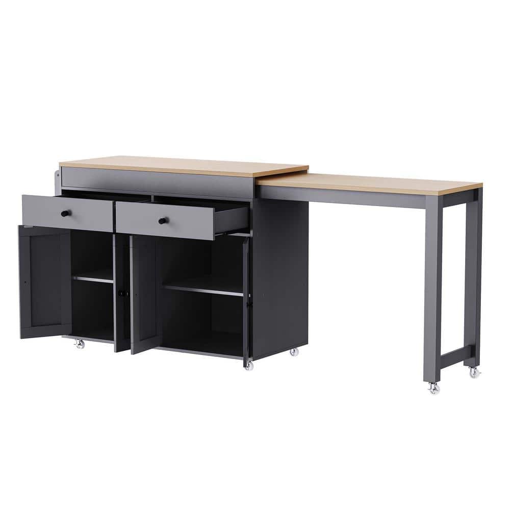 Gray Wood 51.1 in. W Kitchen Island with Extendable Dining Table, Spice Rack, 4-Door and 2-Drawers