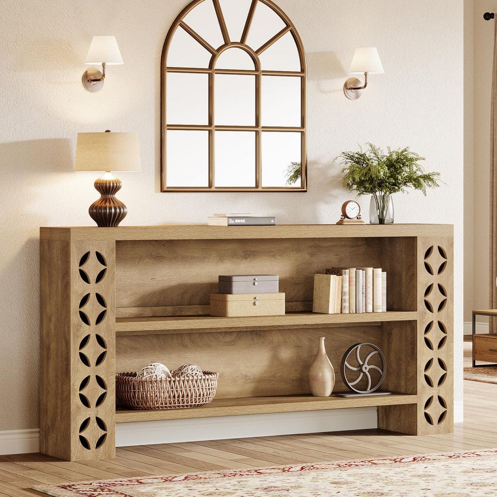 Turrella 71 in. Walnut Rectangle Wood Console Table with Storage, 3-Tier Narrow Sofa Table, Rustic Long Entryway Table