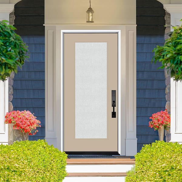 Legacy 36 in. x 80 in. Universal Handing Full Lite Rain Glass Primed Sandstone Finish Fiberglass Front Door Slab