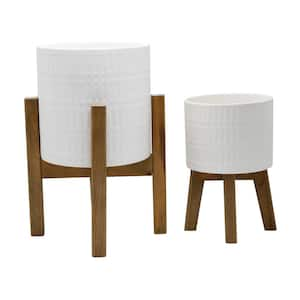 10 in. and 8 in. Matte White Ceramic Roman Planter on Wood Stand Mid-Century Planter (Set of 2)