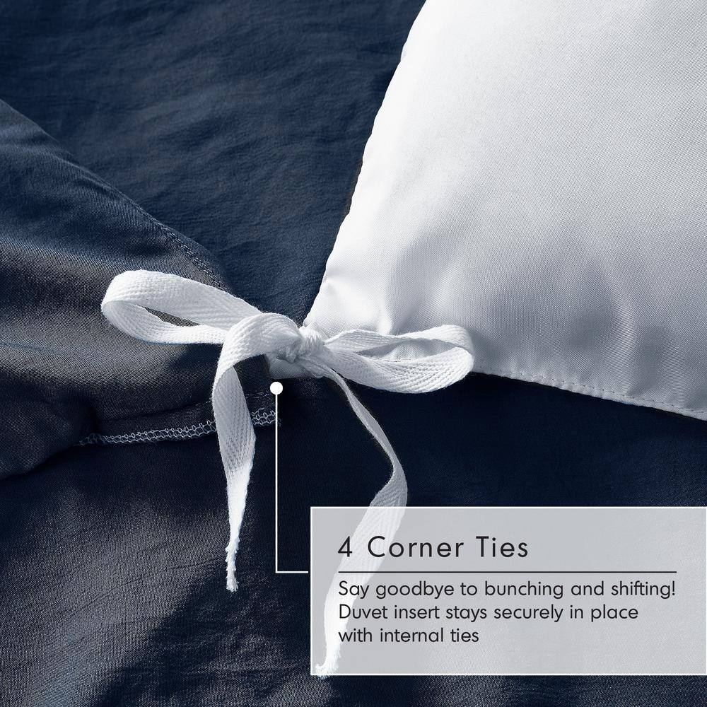 Navy Queen Microfiber Pleated Duvet Cover Set with Shams