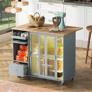 Gray Wood 44.1 in. Kitchen Island with Drop Leaf LED Light Cart on Wheels 2-Fluted Glass Doors 1 Flip Cabinet Door