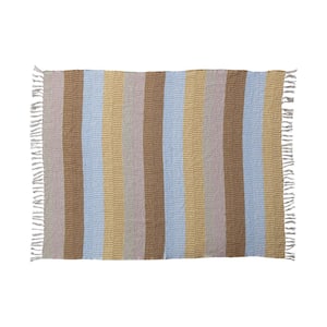 Many-Colored Woven Cotton Blend Throw Blanket with Stripes and Fringe