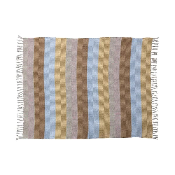 Storied Home Many-Colored Woven Cotton Blend Throw Blanket with Stripes and Fringe