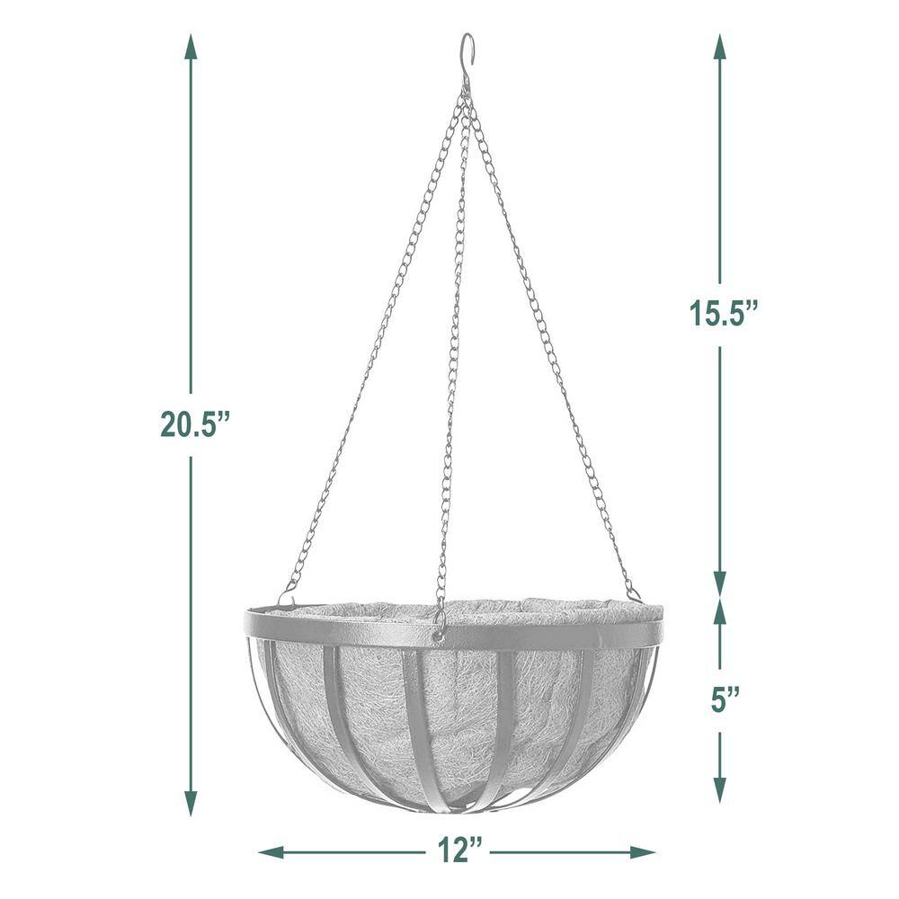 12" Black Metal Round Hanging Basket with Coconut Liner