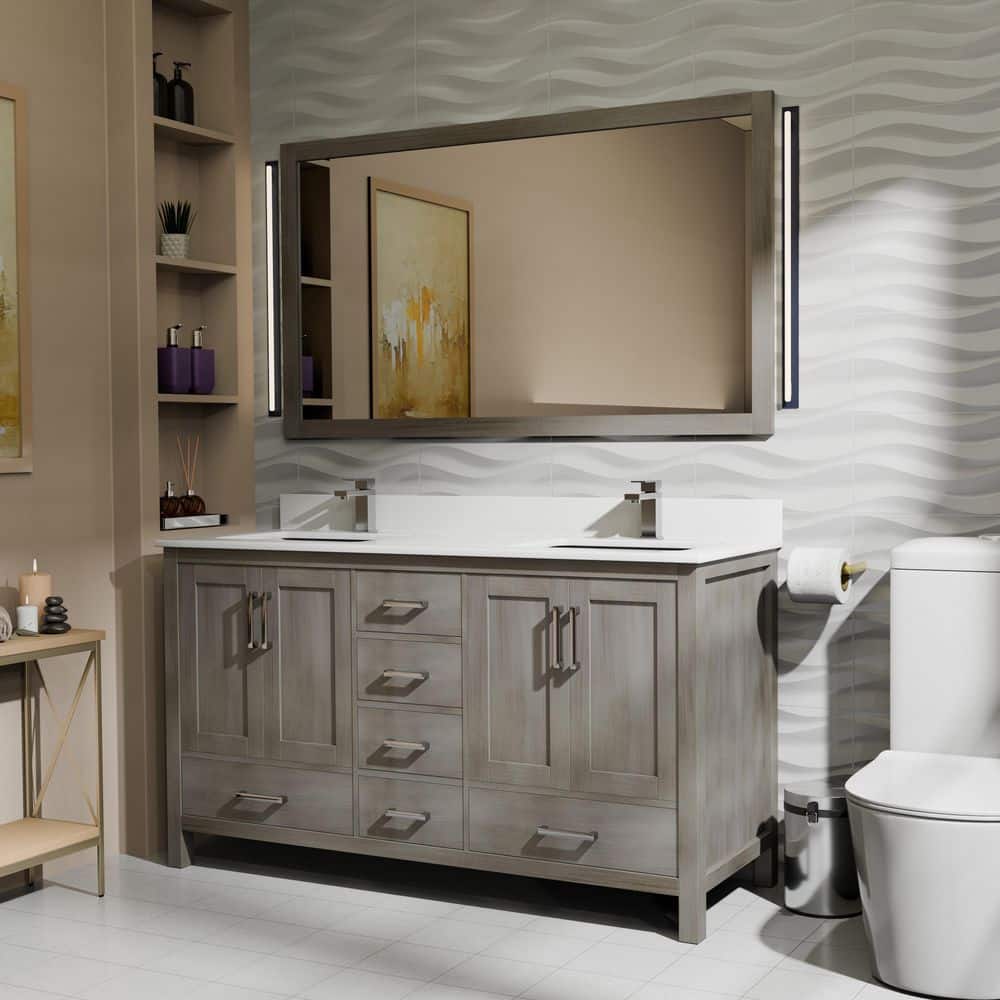 Jacques 60 in. W x 22 in. D Distressed Grey Double Bath Vanity, White Quartz Top, Faucet Set, and 58 in. Mirror price history on PriceWatchPro