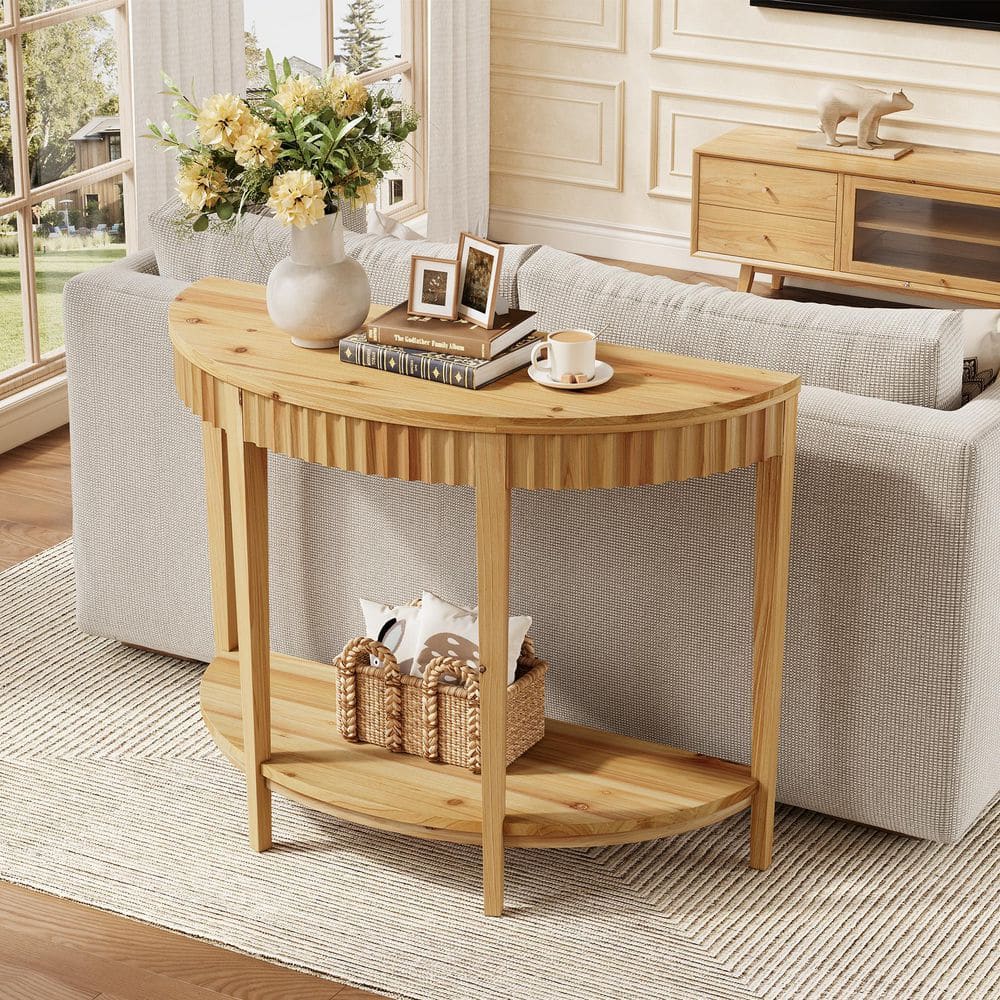 Small Hallway Table Artisan-Crafted Half Moon Console Table - Fluted Drawer Fronts, Premium Graphite Finish, 2 Rattan Storage Baskets, For Entryway