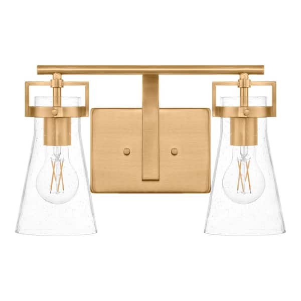 Clermont 14.75 in. 2-Light Satin Brass Bathroom Vanity Light with Seeded Glass Shades