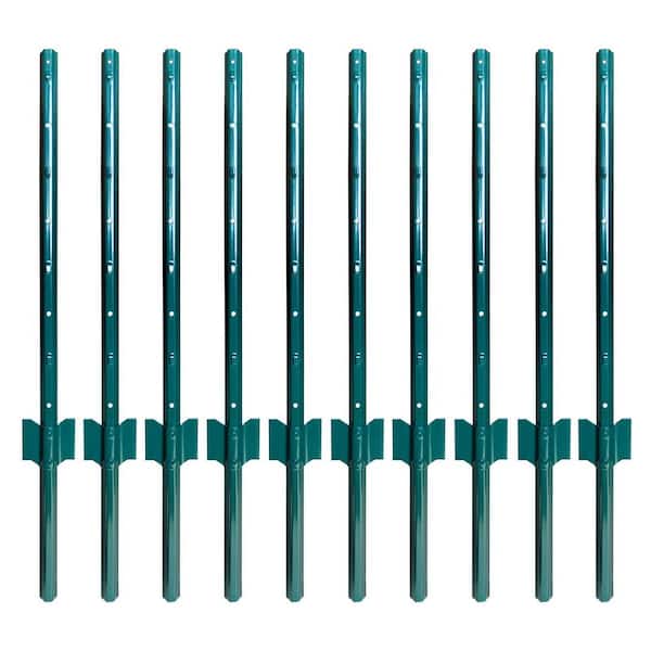 1.2 in. x 3/5 in. x 3 ft. Metal No Dig Garden U Fence Post for Wire Fencing Steel Post for Yard, Green, Pack of 10