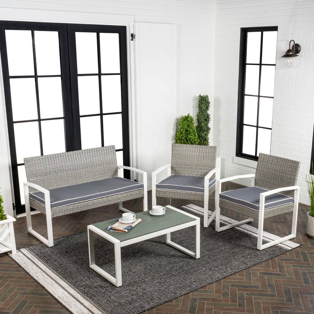 Elina Gray and White Faux Wicker 4-Piece Patio Conversation Set