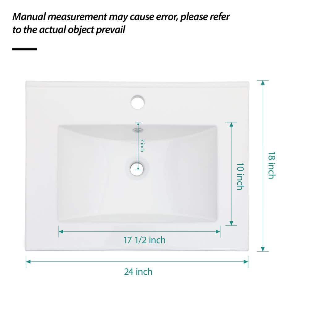 24x18" White Ceramic Rectangular Vanity Top with Single Sink