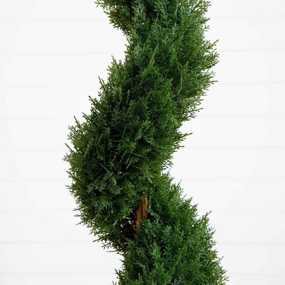 4-Foot Green Spiral Silk Cedar Topiary in Black Pot