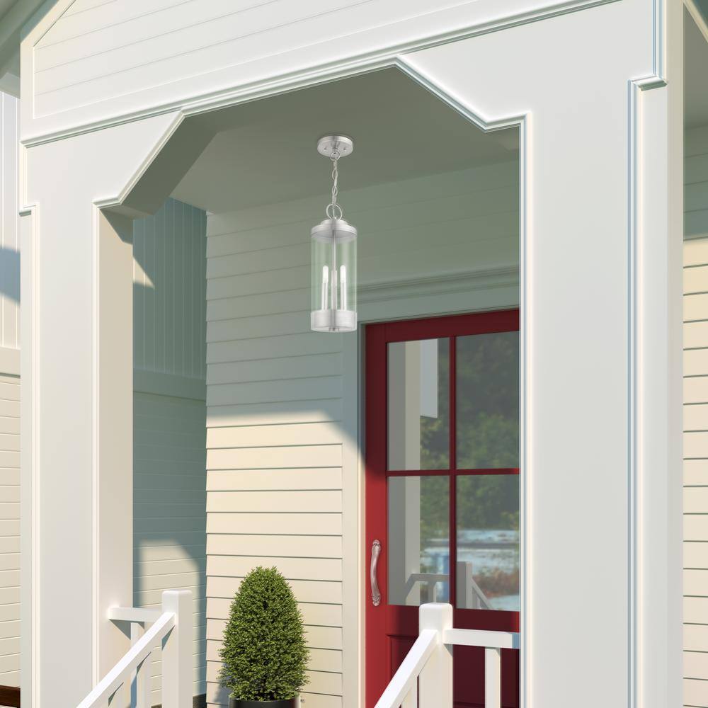 Brushed Nickel 3-Light Indoor/Outdoor Pendant Lantern with Clear Glass