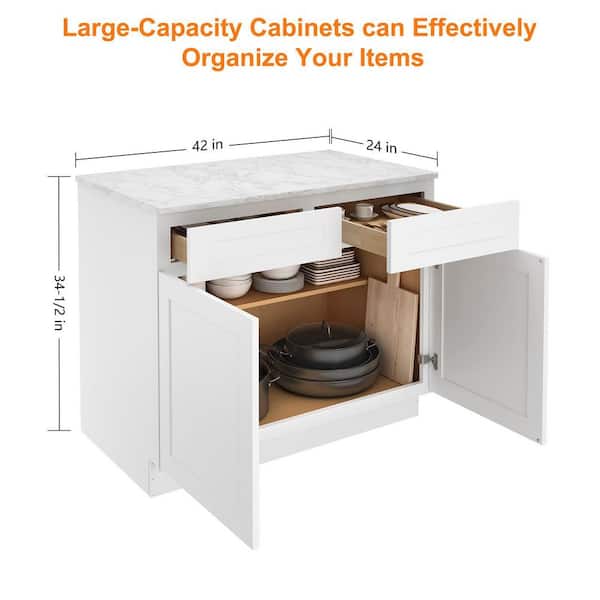 HOMEIBRO 42 in.W x 24 in.D x 34.5 in.H in Shaker White Plywood Ready to Assemble Base Kitchen Cabinet with 2-Drawers 2-Doors