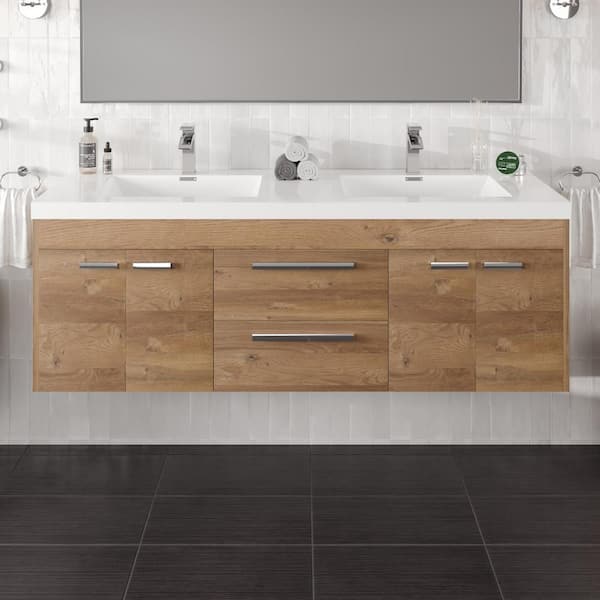 Lugano 60 in. Double Sink Floating Natural Oak Bath Vanity with White Acrylic Top (Assembled)
