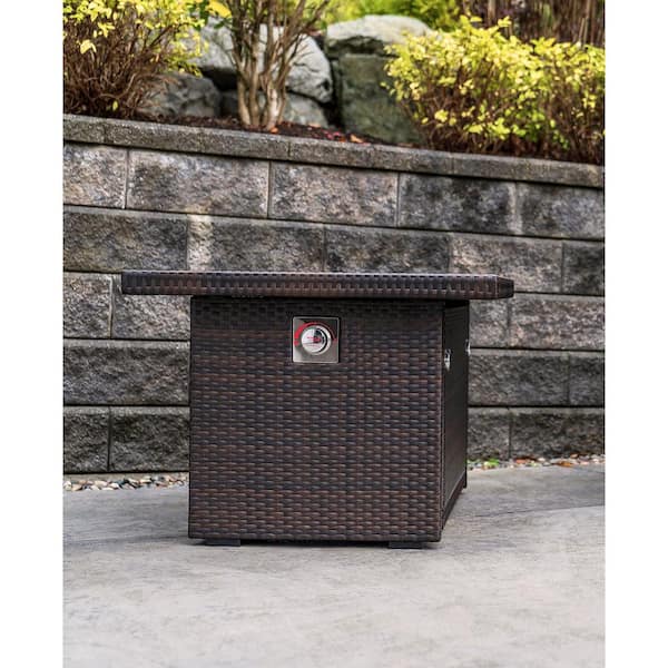Outland Living Granville 50,000 BTU Rectangular Resin Wicker Covered Outdoor Patio Propane Fire Pit Table with Soft Cover & Glass Rocks