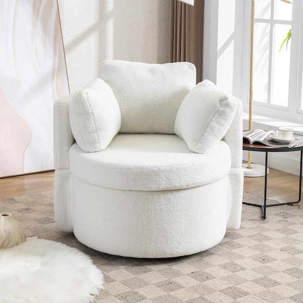 YOFE Modern Ivory Teddy Fabric Upholstered Swivel Accent Chair Barrel Chair with Storage and Pillows for Living Room, Bedroom