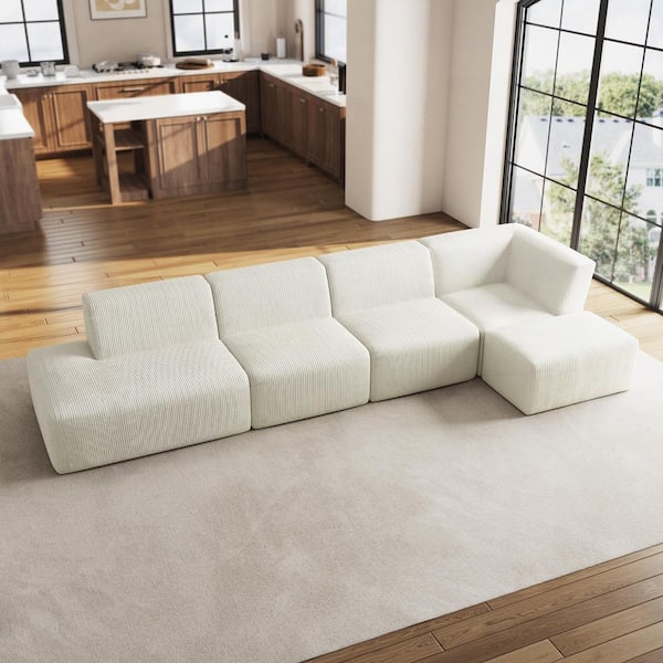 155.75 in. Modern Square Arm 5-Piece Corduroy Modular Free Combination Sectional Sofa in Beige with Ottoman