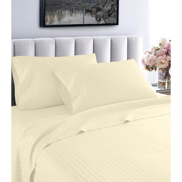 Unbranded Fresh Home 4-Piece Ivory Striped 100% Cotton King Deep Pocket Sheet Set