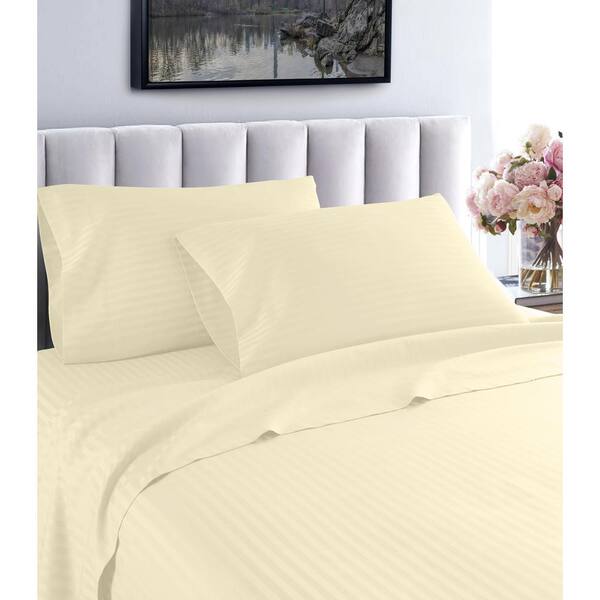 Unbranded Fresh Home 4-Piece Ivory Striped 100% Cotton Queen Deep Pocket Sheet Set
