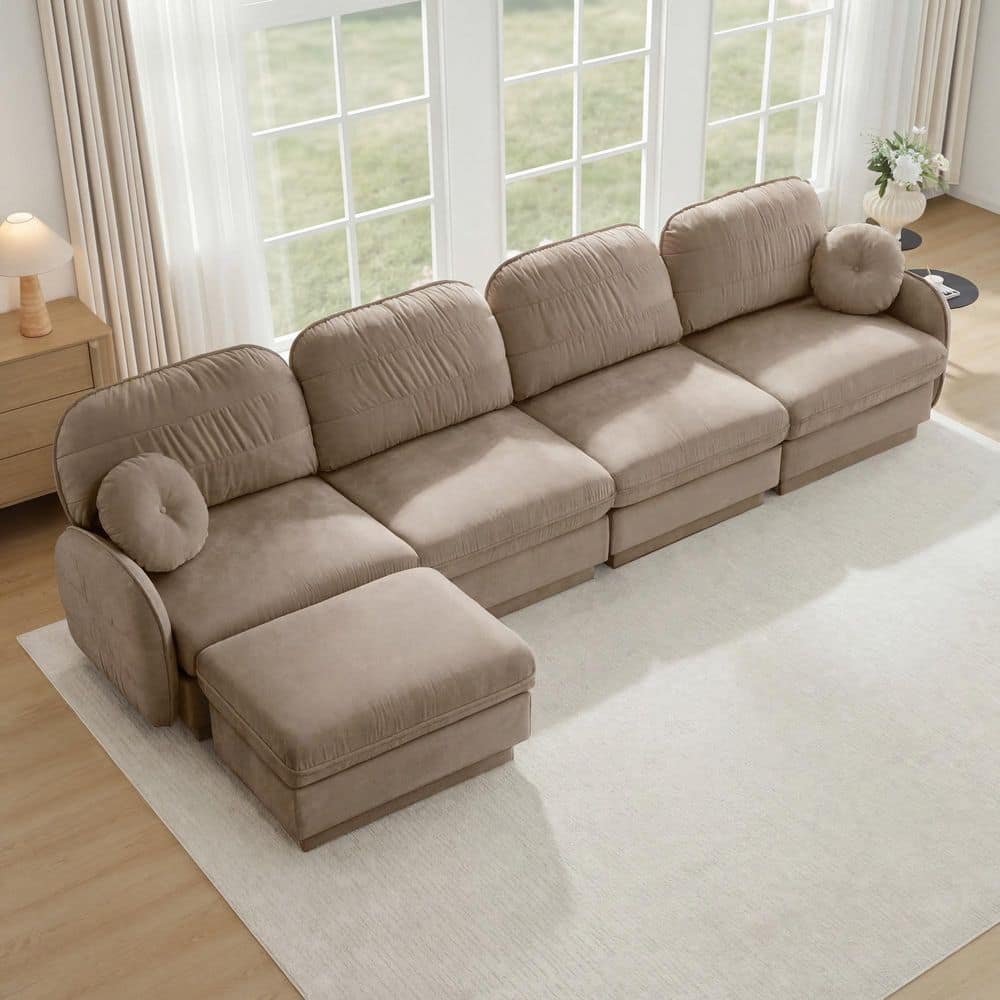 Leslie 137 in. Flared Arm Chenille L-Shaped Sectional Sofa in Brown with Round Pillows, Ottoman, Light Coffee price history on PriceWatchPro