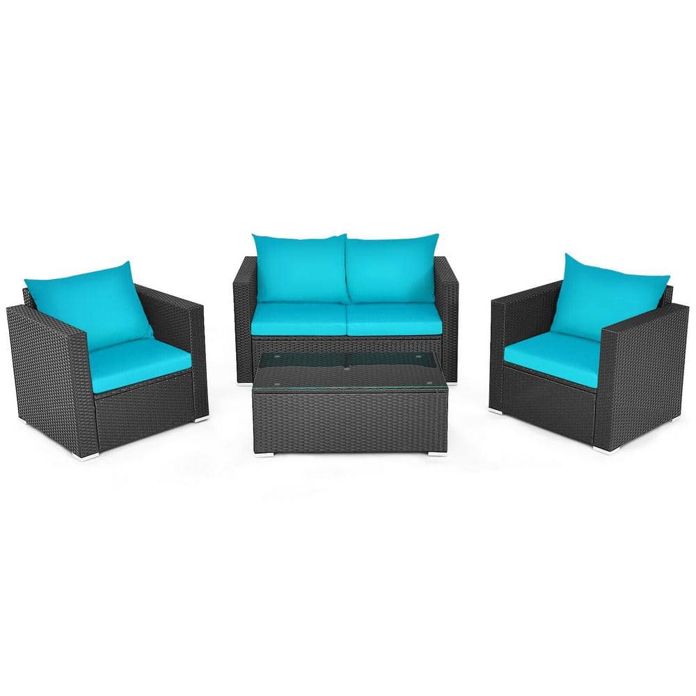 4-Piece PE Wicker Outdoor Patio Conversation Sofa Set with Blue Cushions price history on PriceWatchPro