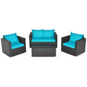 4-Piece PE Wicker Outdoor Patio Conversation Sofa Set with Blue Cushions