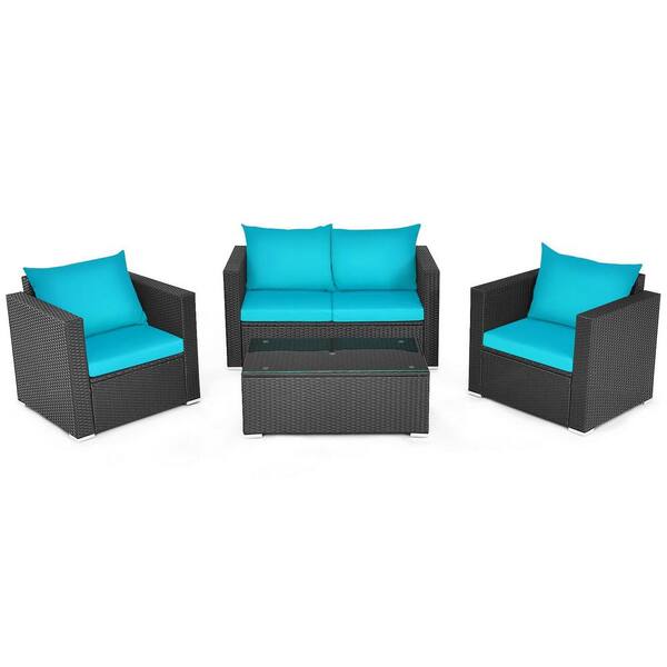 ANGELES HOME 4-Piece PE Wicker Outdoor Patio Conversation Sofa Set with Blue Cushions