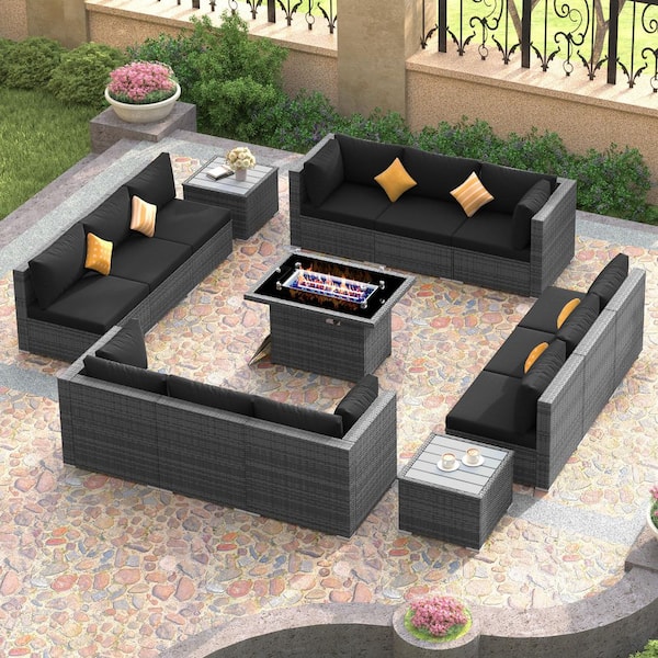 15-Piece Large Size Gray Wicker Patio Conversation Sofa Set with Black Cushions Fire Pit Table and Coffee Tables