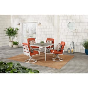 Marina Point 5-Piece White Steel Outdoor Patio Dining Set with CushionGuard Quarry Red Cushions & Painted Steel Tabletop