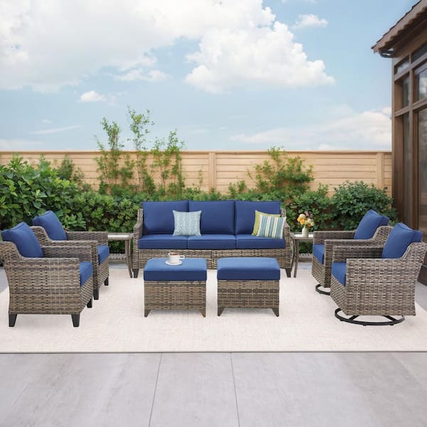 9-Piece Wicker Patio Conversation Set, Ergonomics Outdoor Chairs with Blue Cushions