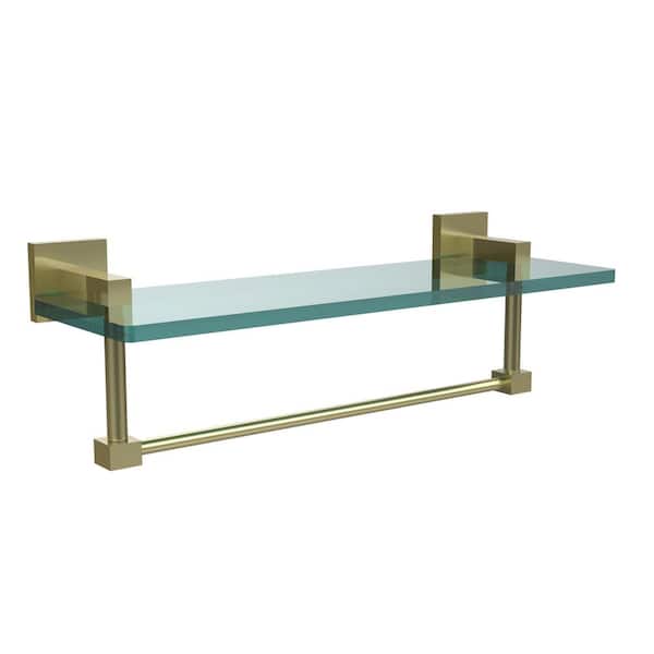Allied Brass Montero 16 in. L x 5-1/4 in. H x 5-3/4 in. W Clear Glass Vanity Bathroom Shelf with Towel Bar in Satin Brass