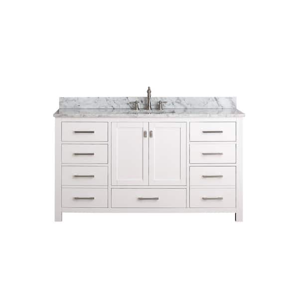 Modero 61 in. Single Sink White Bath Vanity with Carrara White Marble Top