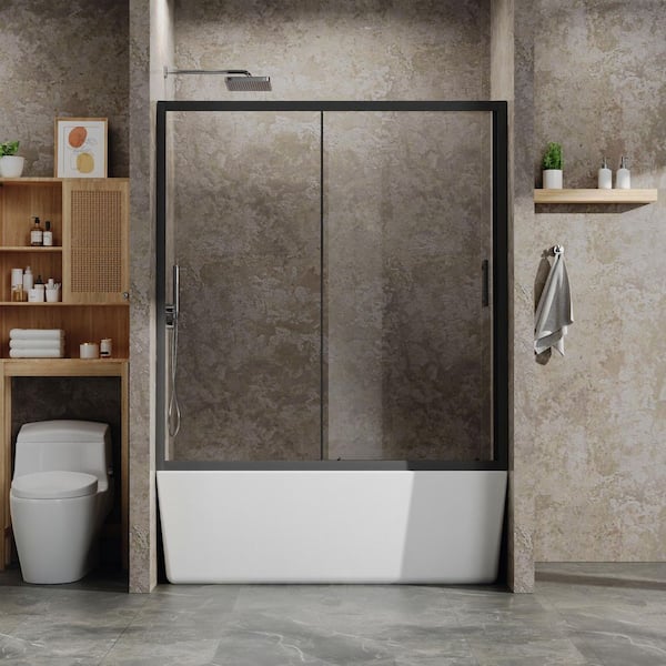 60 in. W x 62 in. H Single Sliding Tub Door in Black with Clear Tempered Glass, Stainless Steel Handle