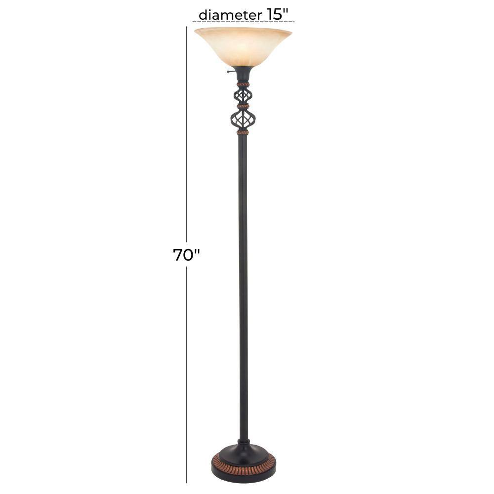 70" Black Iron Torchiere with Cream Glass Shade