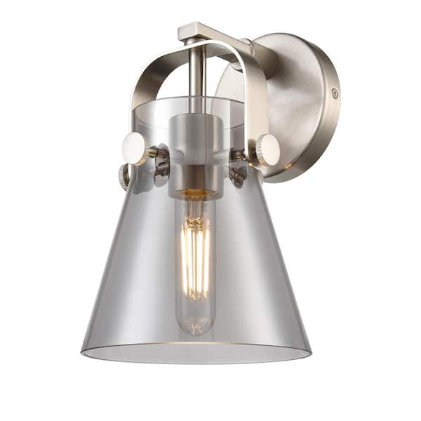 Innovations Pilaster II Cone 6.5 in. 1-Light Satin Nickel Wall Sconce with Glass Shade