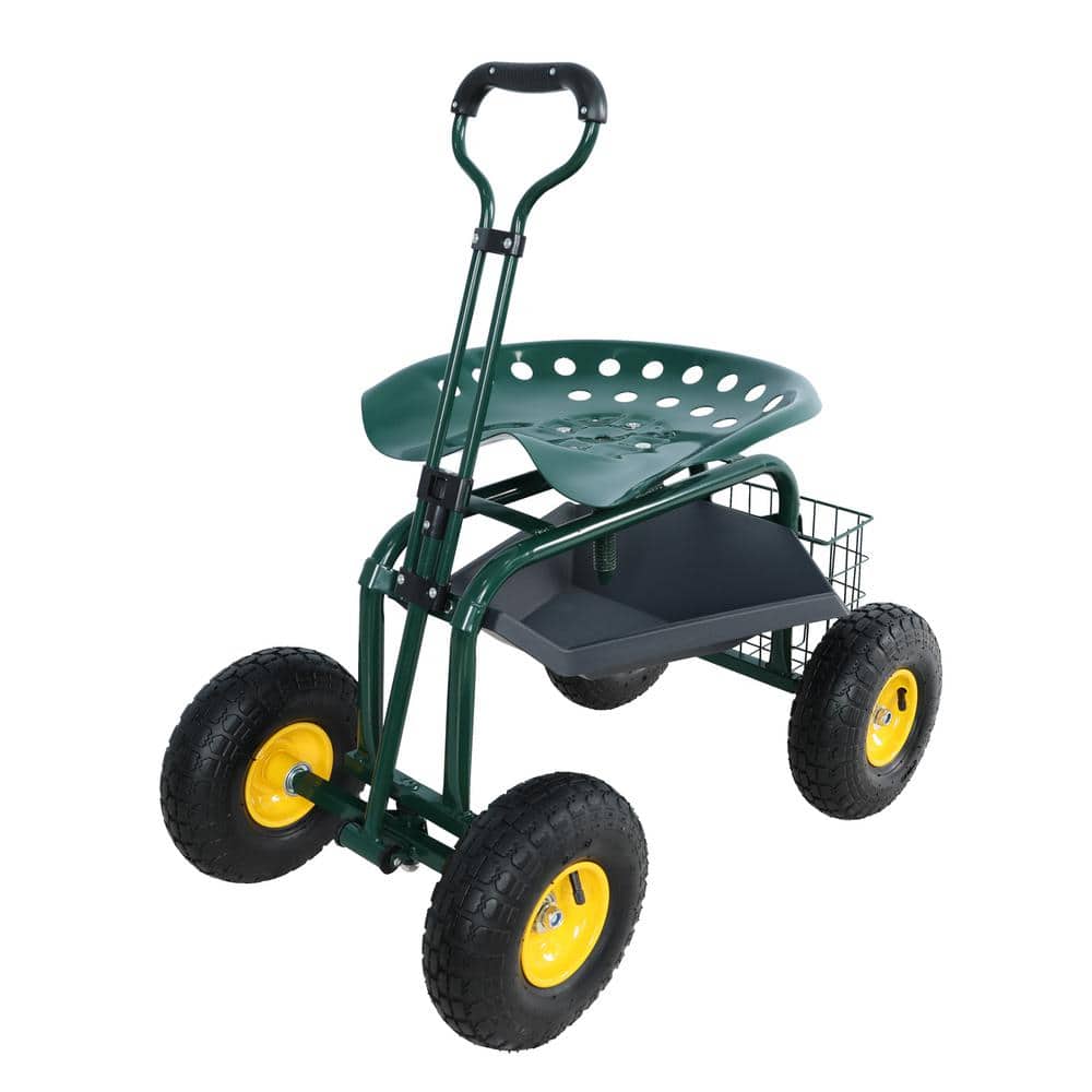 Adjustable Garden Cart Rolling Scooter with Tool Tray