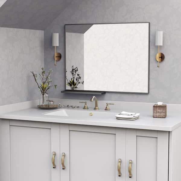 Unbranded 47.2 in. W x 30 in. H Large Rectangular Aluminium Framed Wall Bathroom Vanity Mirror in Black with Storage Shelf
