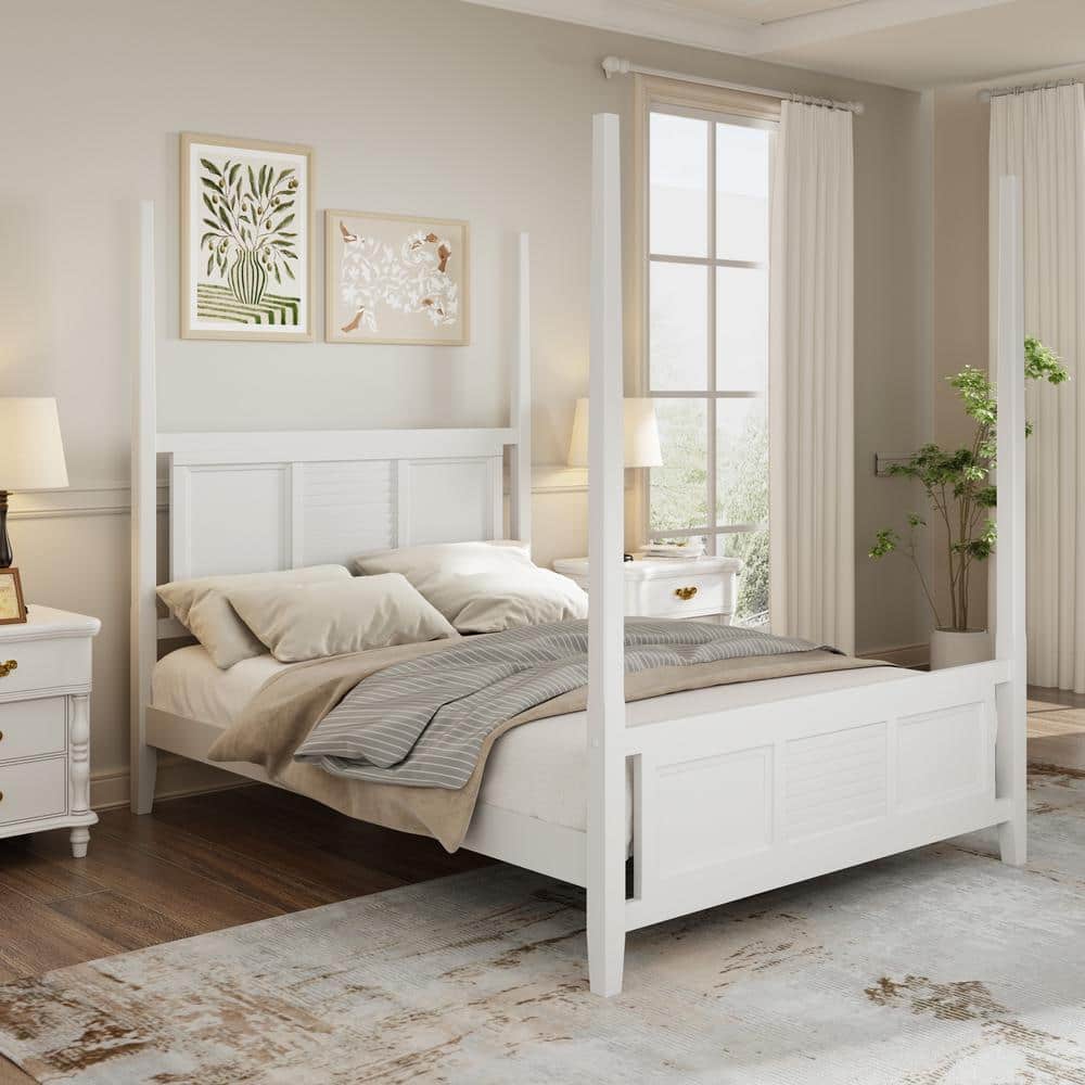 Harper Bright Designs White Wood Frame King Size Traditional 4 Poster Bed with Horizontal Grille Design YJH129AAK K The Home Depot