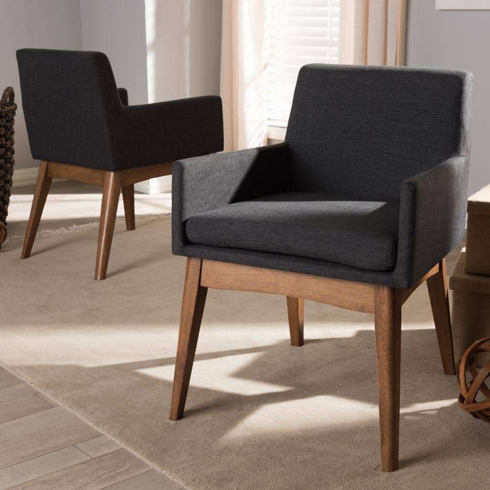 Highland Dark Grey Leather & Walnut Wood Upholstered Armchair