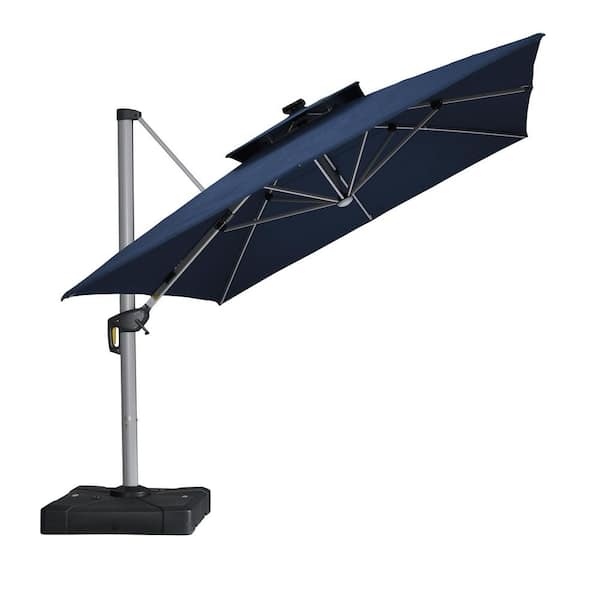 10 ft. Square Sunbrella Aluminum Solar Powered LED Cantilever Offset Patio Umbrella with Base in Navy Blue