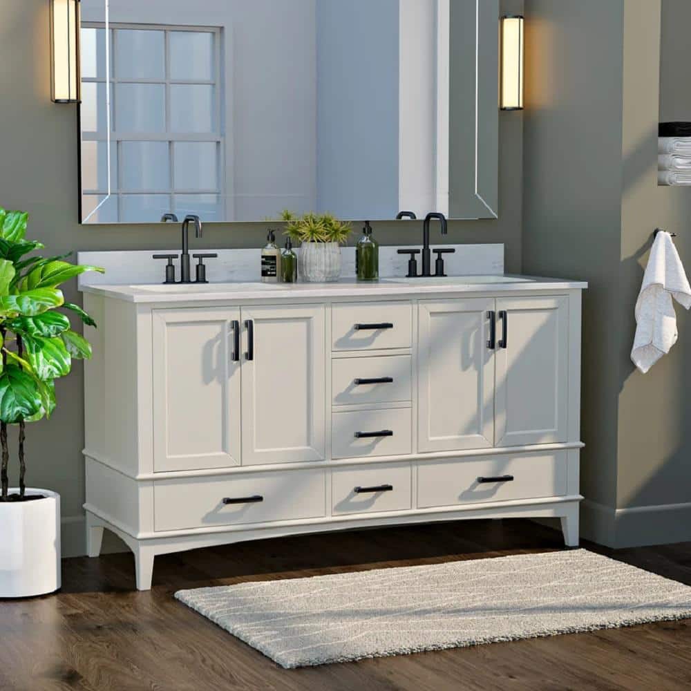 Emily 60 in. W x 22 in. D x 34 in. H Bath Vanity in White with Carrara Engineered Stone Top with White Basin price history on PriceWatchPro