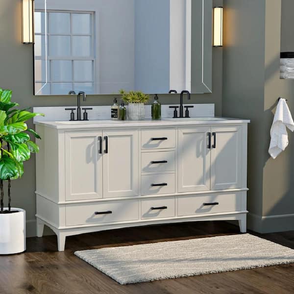 Runfine Emily 60 in. W x 22 in. D x 34 in. H Bath Vanity in White with Carrara Engineered Stone Top with White Basin